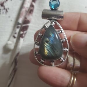 Silver Pendant With Natural Labradorite And Blue Topaz